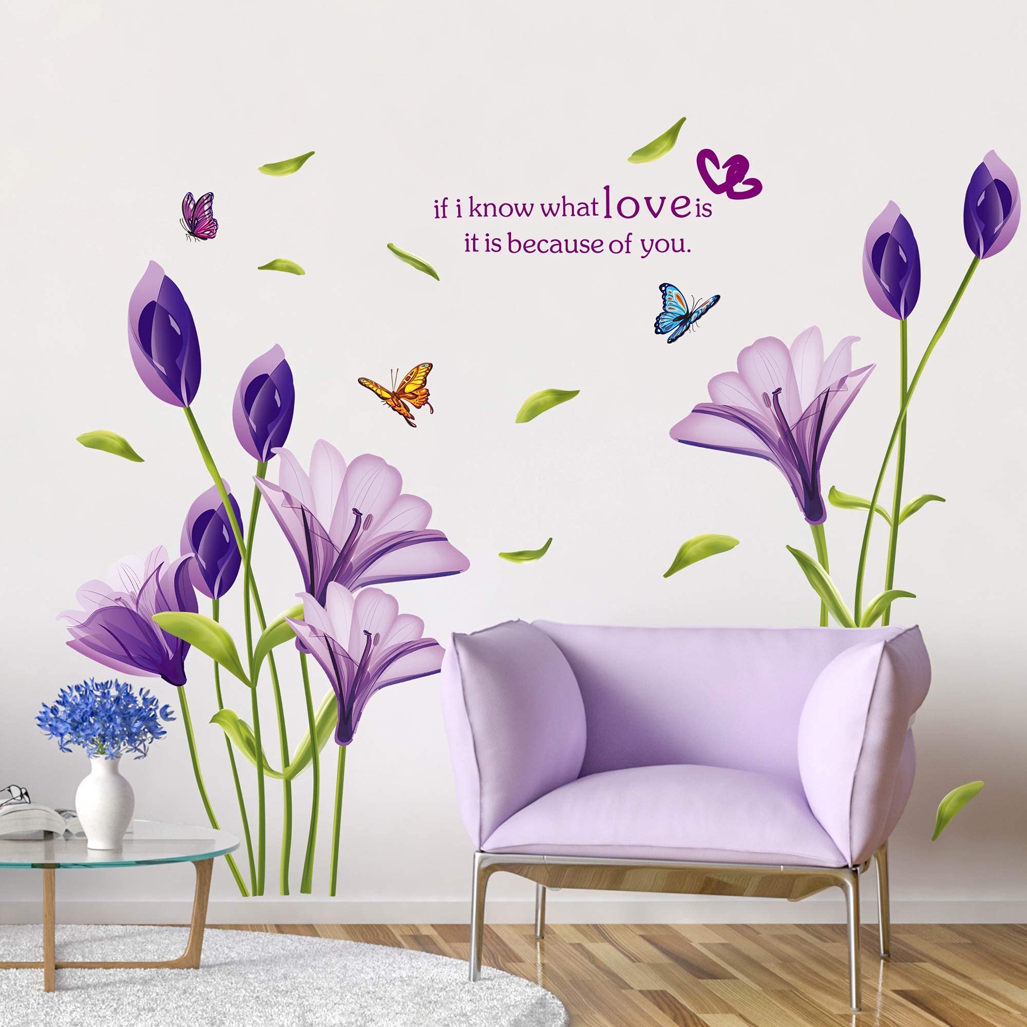 RW-7244 Removable 3D Purple Lily Flowers Wall Decals Floral
